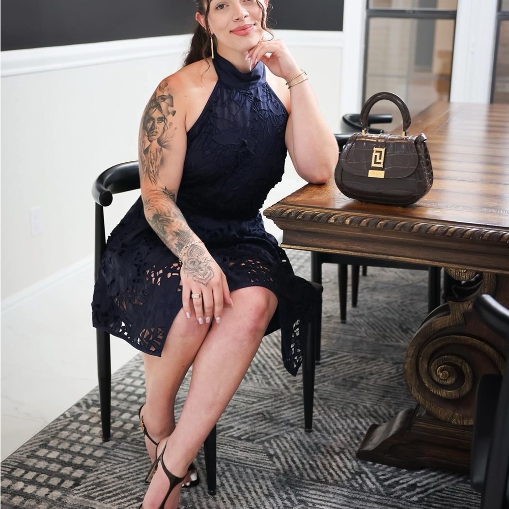 Elegant Navy Lace Halter Dress